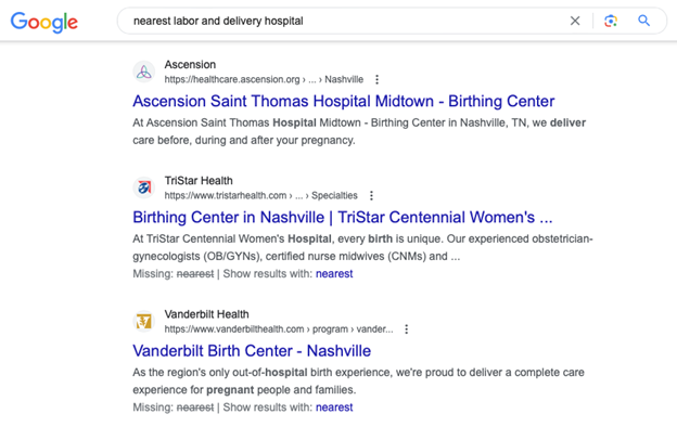 Google search of "nearest labor and delivery hospital"